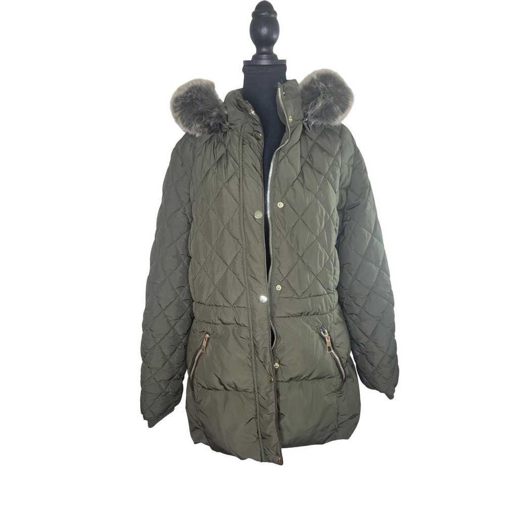 Royalty for Me Womens Quilted Puffer Jacket Olive Green Faux Fur Hood Medium